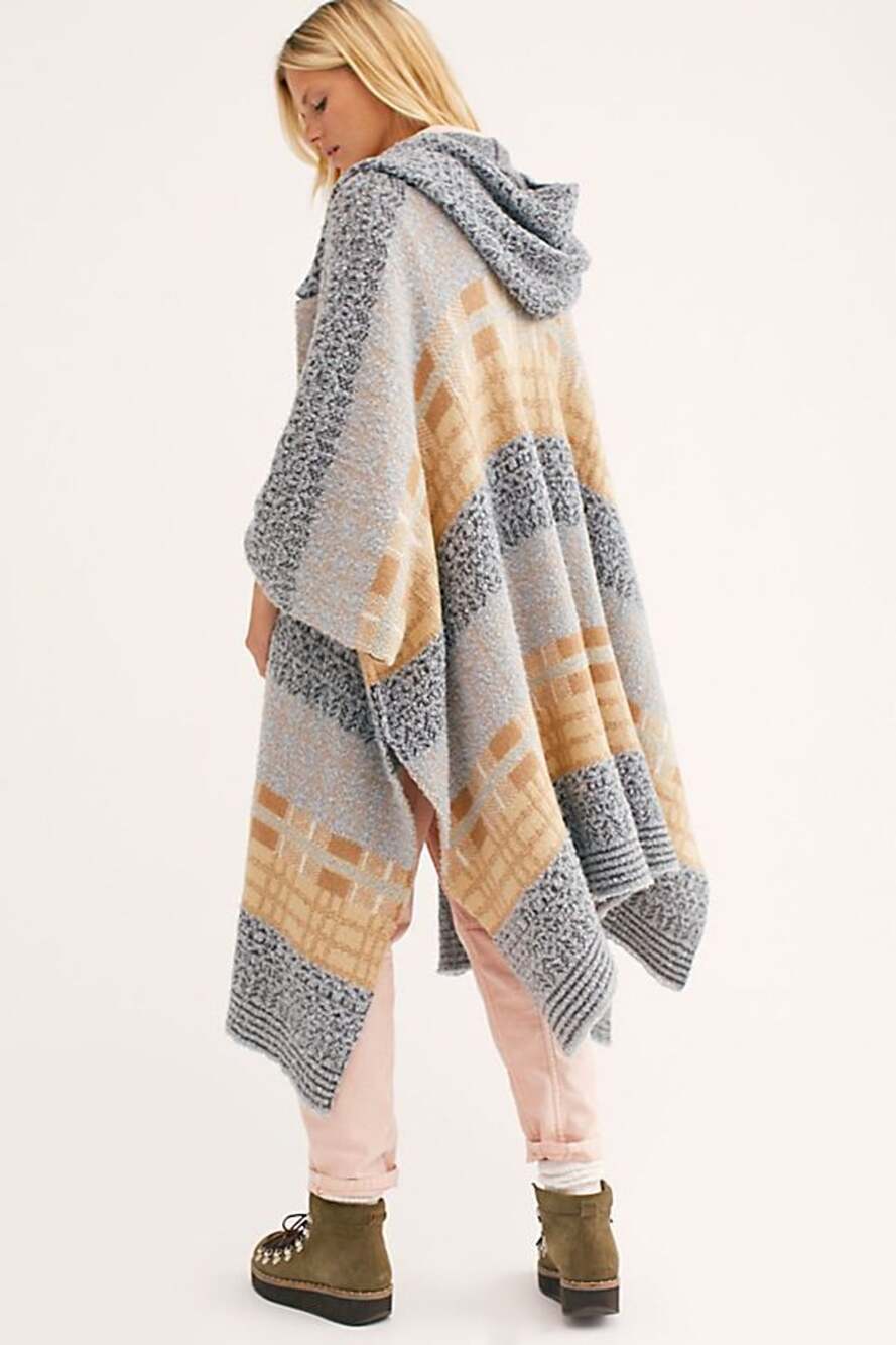 Free People Mercer Hooded Poncho Sweater OS Plaid Knit Cape